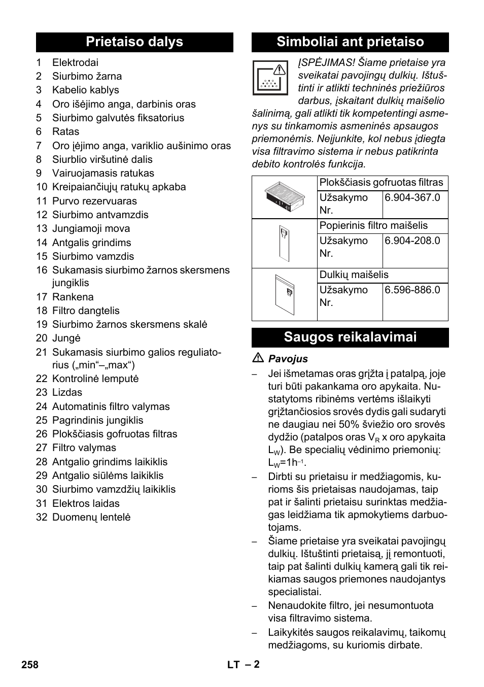 Prietaiso dalys simboliai ant prietaiso, Saugos reikalavimai | Karcher NT 45-1 Tact Te M User Manual | Page 258 / 284