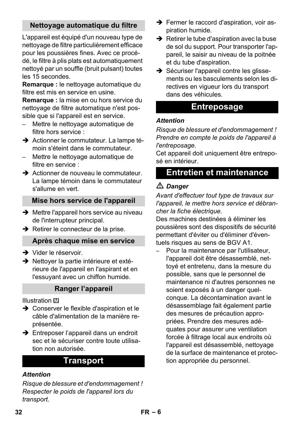 Transport entreposage entretien et maintenance | Karcher NT 45-1 Tact Te M User Manual | Page 32 / 284