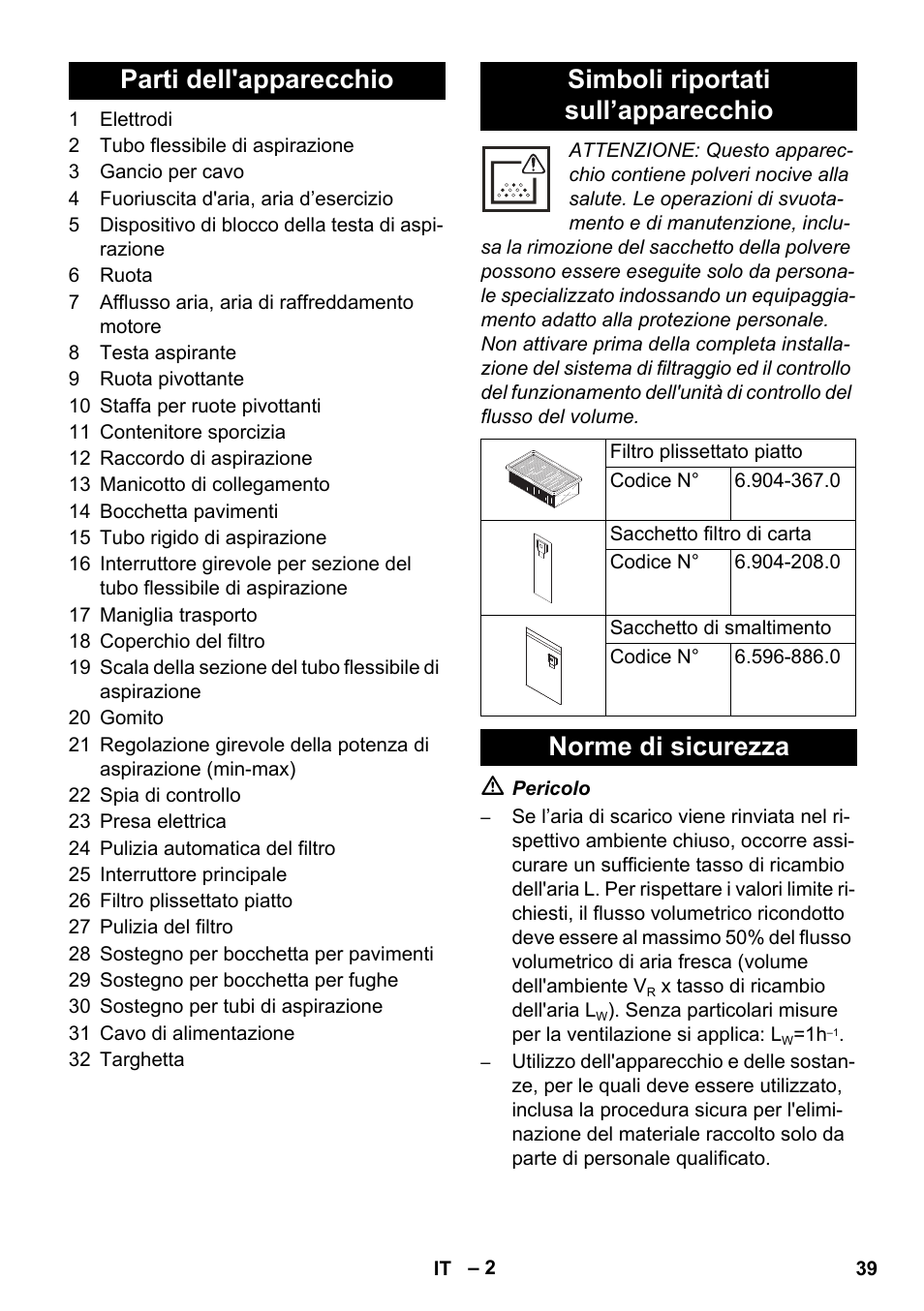 Norme di sicurezza | Karcher NT 45-1 Tact Te M User Manual | Page 39 / 284