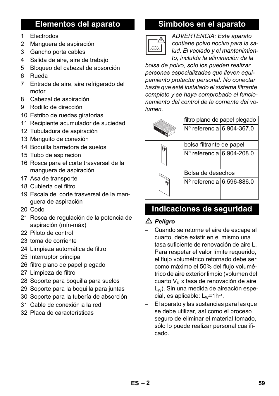 Elementos del aparato símbolos en el aparato, Indicaciones de seguridad | Karcher NT 45-1 Tact Te M User Manual | Page 59 / 284