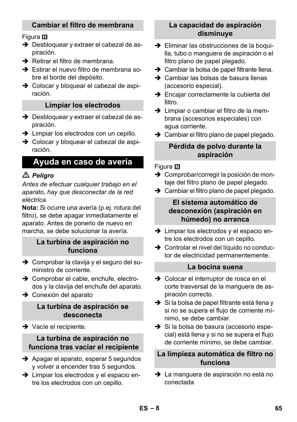 Ayuda en caso de avería | Karcher NT 45-1 Tact Te M User Manual | Page 65 / 284