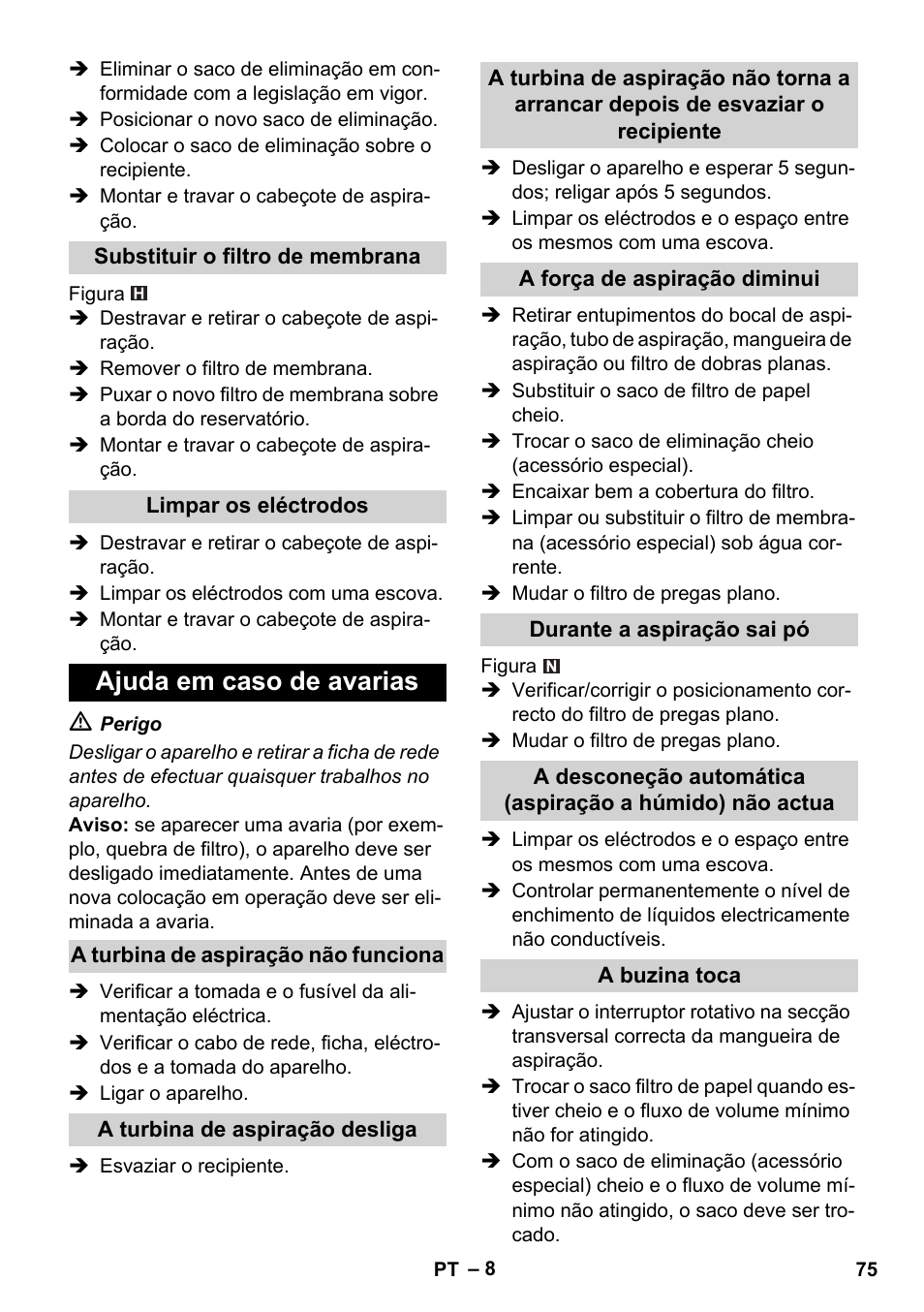 Ajuda em caso de avarias | Karcher NT 45-1 Tact Te M User Manual | Page 75 / 284