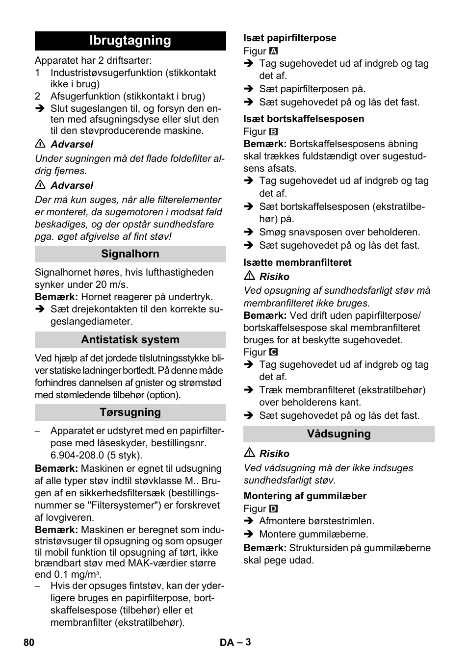 Ibrugtagning | Karcher NT 45-1 Tact Te M User Manual | Page 80 / 284