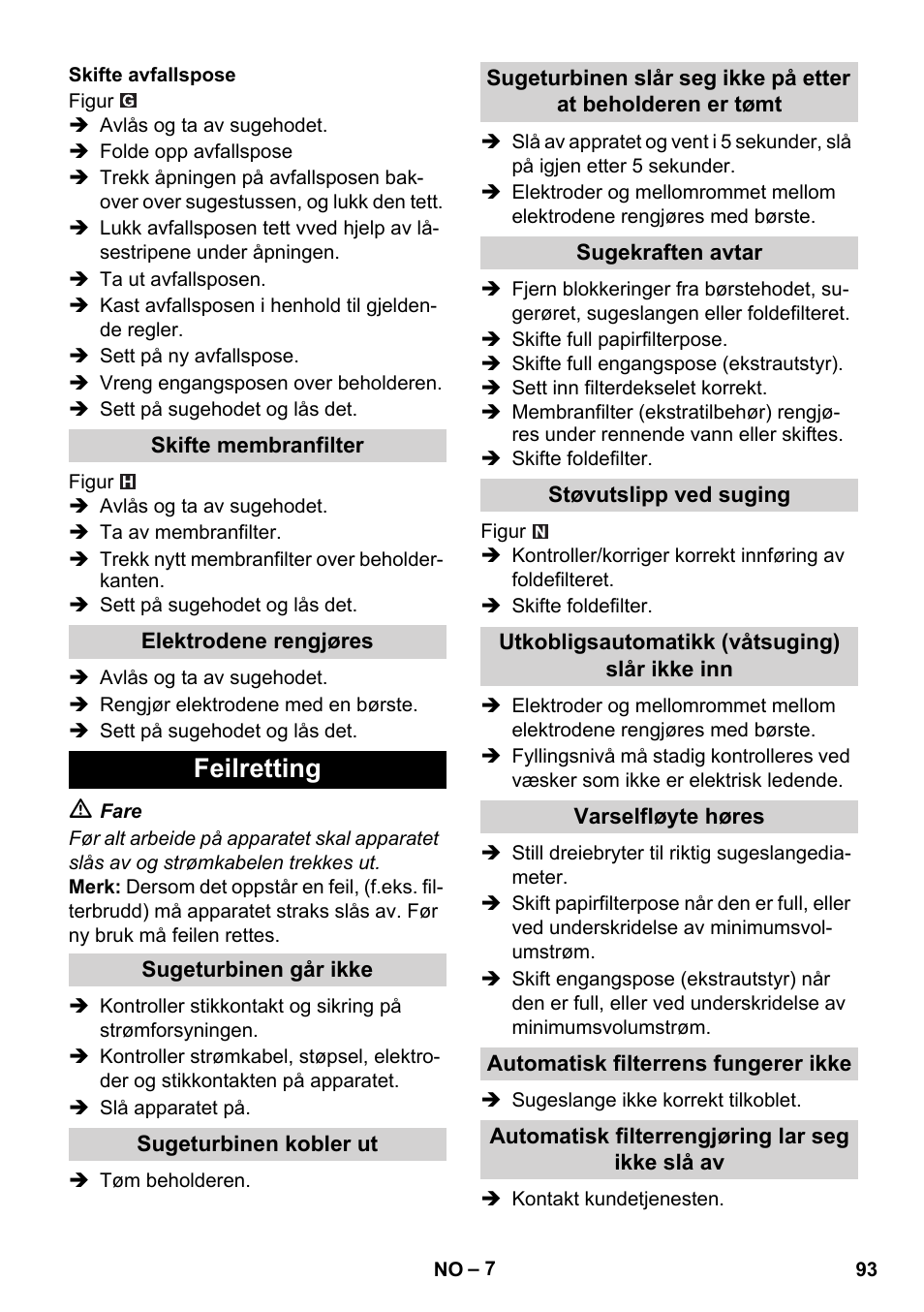 Feilretting | Karcher NT 45-1 Tact Te M User Manual | Page 93 / 284