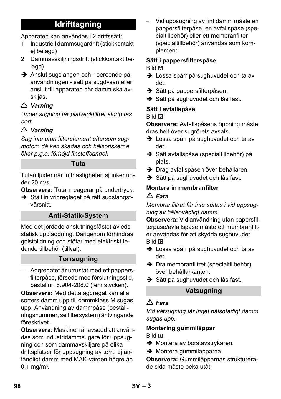 Idrifttagning | Karcher NT 45-1 Tact Te M User Manual | Page 98 / 284