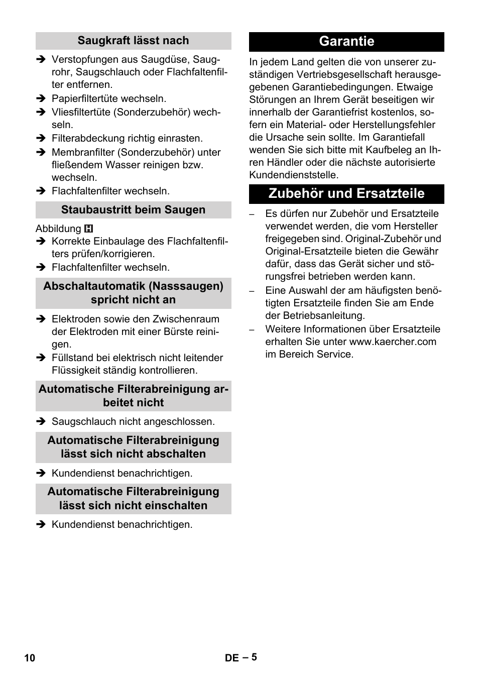 Saugkraft lässt nach, Staubaustritt beim saugen, Abschaltautomatik (nasssaugen) spricht nicht an | Automatische filterabreinigung arbeitet nicht, Garantie, Zubehör und ersatzteile, Garantie zubehör und ersatzteile | Karcher NT 35-1 Tact Te User Manual | Page 10 / 192