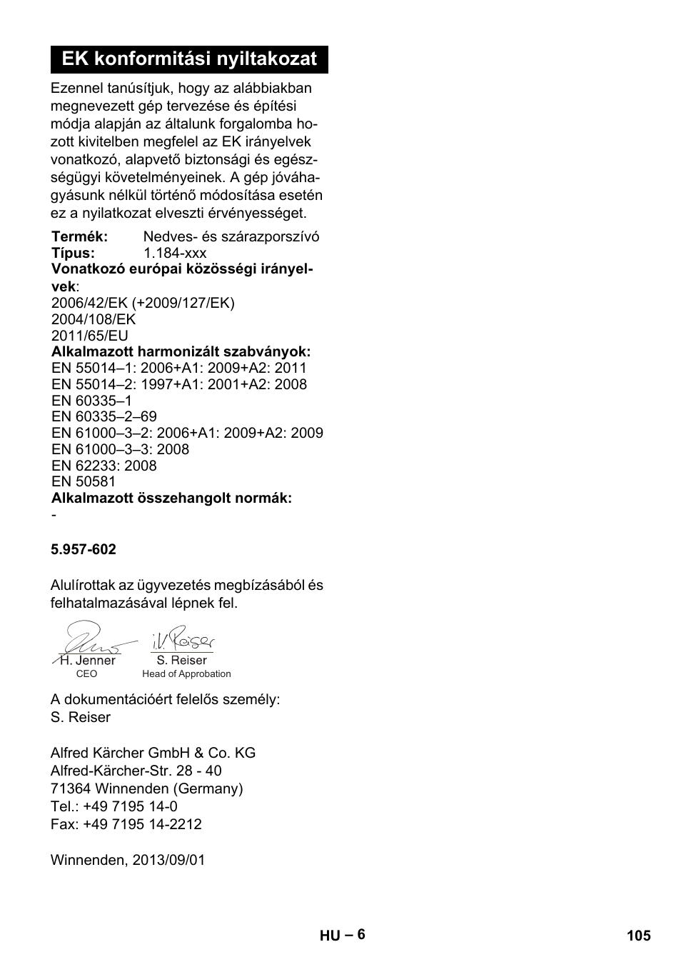 Ek konformitási nyiltakozat | Karcher NT 35-1 Tact Te User Manual | Page 105 / 192