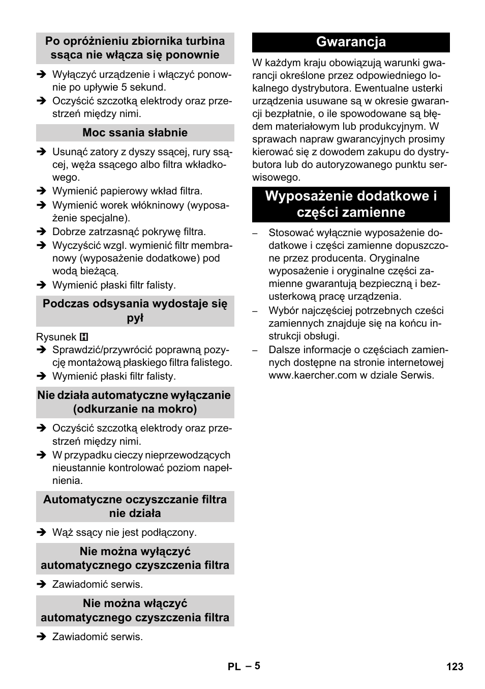 Moc ssania słabnie, Podczas odsysania wydostaje się pył, Automatyczne oczyszczanie filtra nie działa | Gwarancja, Wyposażenie dodatkowe i części zamienne, Gwarancja wyposażenie dodatkowe i części zamienne | Karcher NT 35-1 Tact Te User Manual | Page 123 / 192