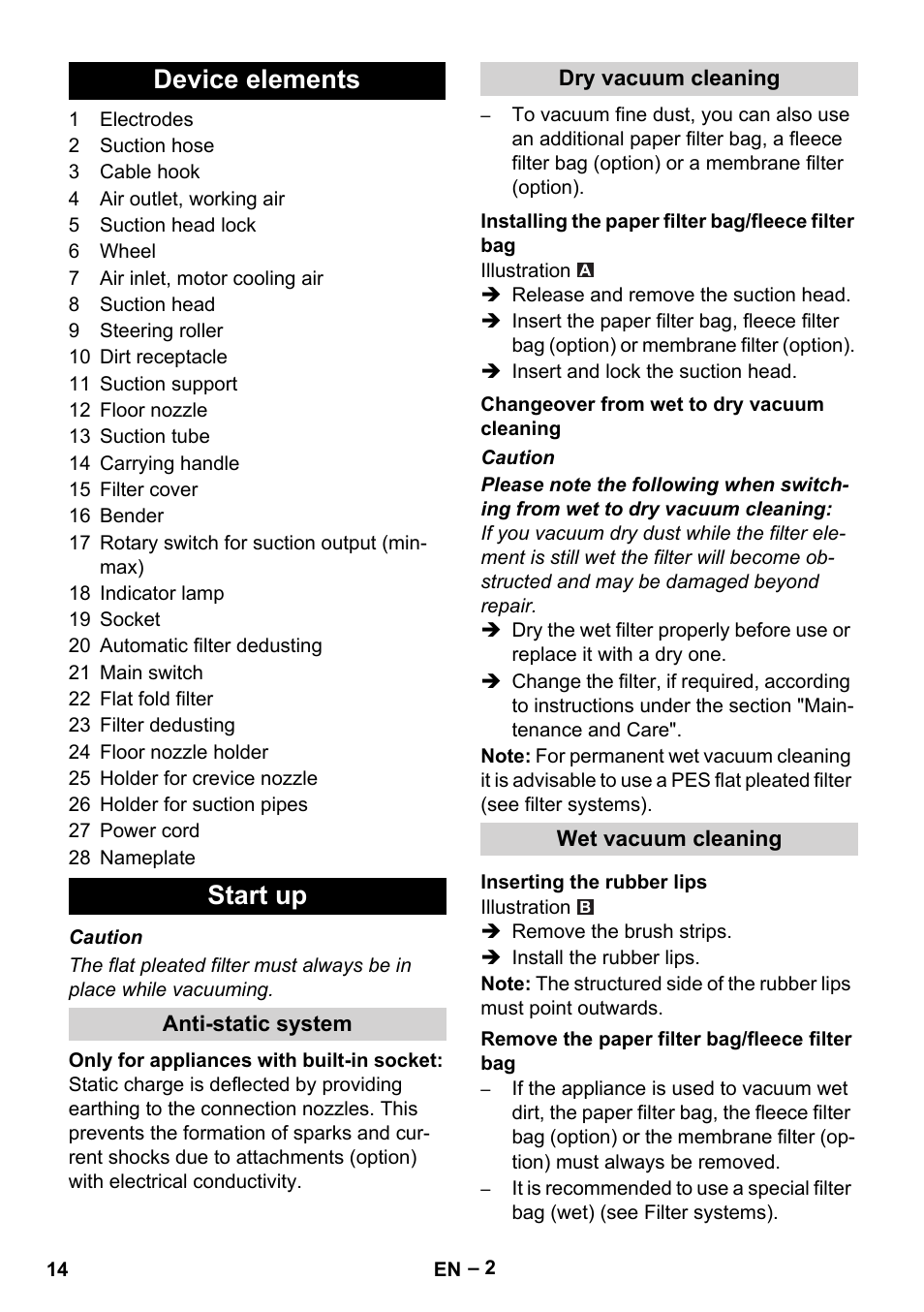Device elements, Start up, Anti-static system | Dry vacuum cleaning, Installing the paper filter bag/fleece filter bag, Changeover from wet to dry vacuum cleaning, Wet vacuum cleaning, Inserting the rubber lips, Remove the paper filter bag/fleece filter bag, Device elements start up | Karcher NT 35-1 Tact Te User Manual | Page 14 / 192