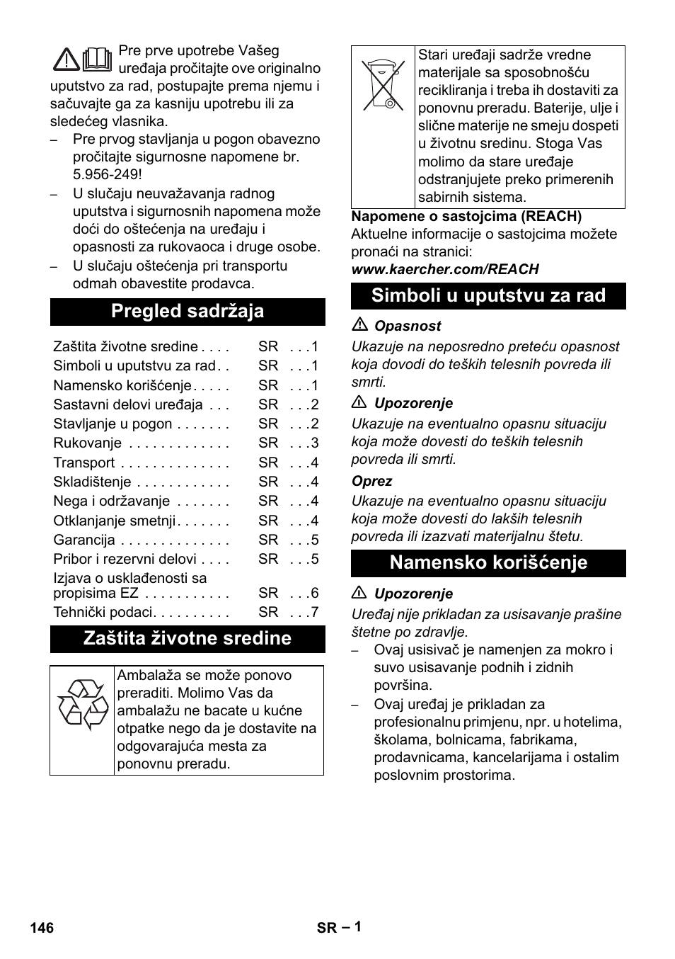 Srpski, Pregled sadržaja, Zaštita životne sredine | Simboli u uputstvu za rad, Namensko korišćenje, Simboli u uputstvu za rad namensko korišćenje | Karcher NT 35-1 Tact Te User Manual | Page 146 / 192