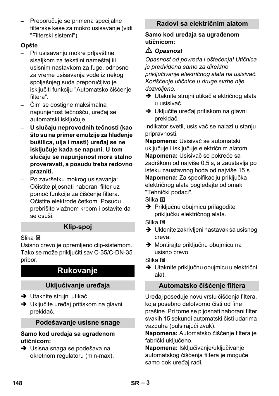 Opšte, Klip-spoj, Rukovanje | Uključivanje uređaja, Podešavanje usisne snage, Radovi sa električnim alatom, Automatsko čišćenje filtera | Karcher NT 35-1 Tact Te User Manual | Page 148 / 192