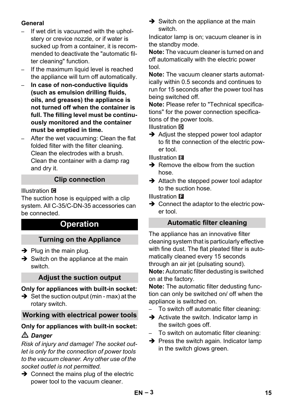 General, Clip connection, Operation | Turning on the appliance, Adjust the suction output, Working with electrical power tools, Automatic filter cleaning | Karcher NT 35-1 Tact Te User Manual | Page 15 / 192