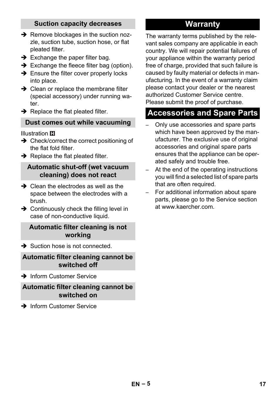 Suction capacity decreases, Dust comes out while vacuuming, Automatic filter cleaning is not working | Automatic filter cleaning cannot be switched off, Automatic filter cleaning cannot be switched on, Warranty, Accessories and spare parts, Warranty accessories and spare parts | Karcher NT 35-1 Tact Te User Manual | Page 17 / 192