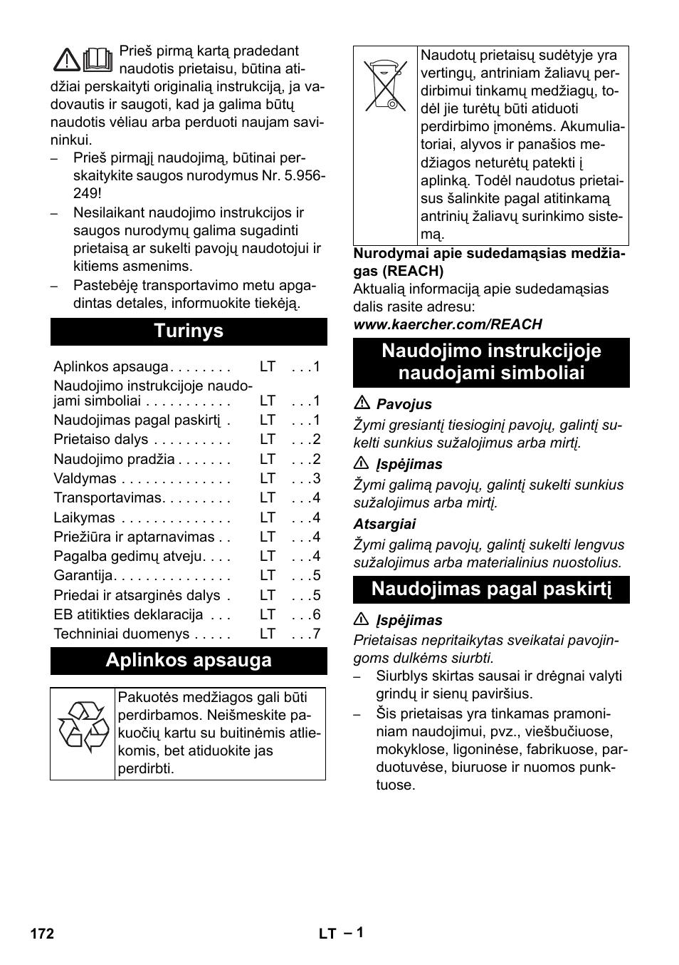 Lietuviškai, Turinys, Aplinkos apsauga | Naudojimo instrukcijoje naudojami simboliai, Naudojimas pagal paskirtį | Karcher NT 35-1 Tact Te User Manual | Page 172 / 192