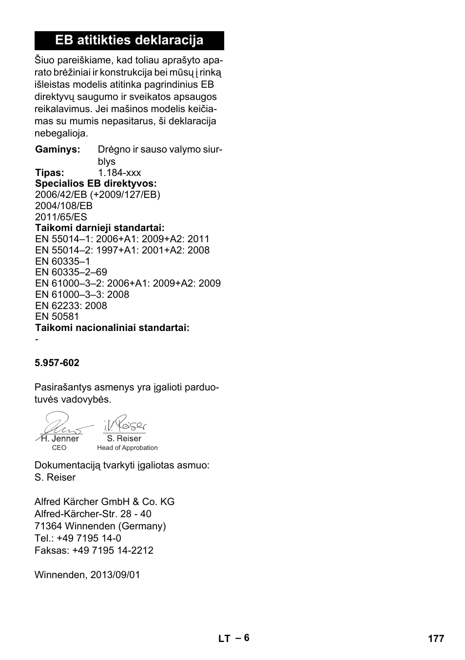 Eb atitikties deklaracija | Karcher NT 35-1 Tact Te User Manual | Page 177 / 192