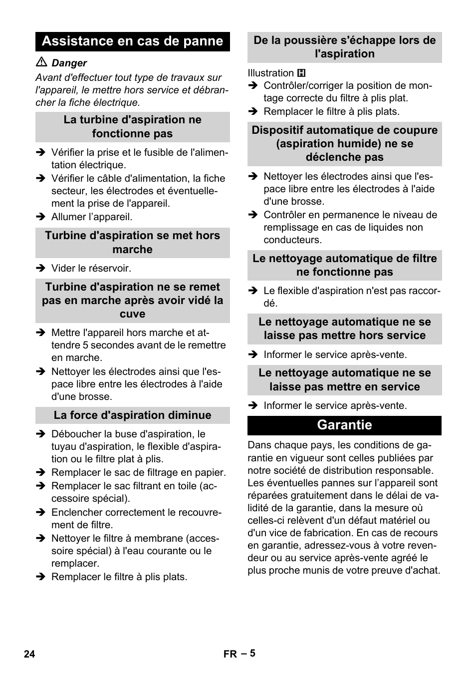 Assistance en cas de panne, La turbine d'aspiration ne fonctionne pas, Turbine d'aspiration se met hors marche | La force d'aspiration diminue, De la poussière s'échappe lors de l'aspiration, Garantie | Karcher NT 35-1 Tact Te User Manual | Page 24 / 192