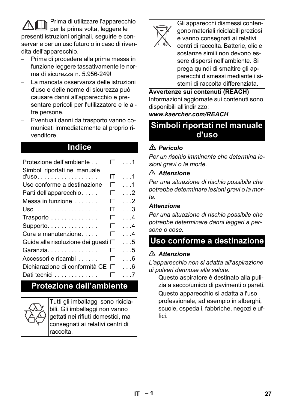 Italiano, Indice, Protezione dell’ambiente | Simboli riportati nel manuale d'uso, Uso conforme a destinazione | Karcher NT 35-1 Tact Te User Manual | Page 27 / 192