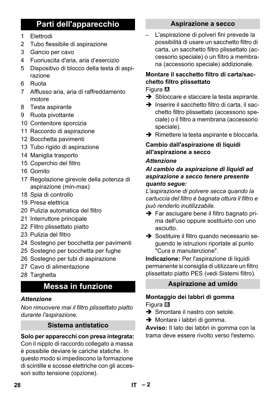 Parti dell'apparecchio, Messa in funzione, Sistema antistatico | Aspirazione a secco, Aspirazione ad umido, Montaggio dei labbri di gomma, Parti dell'apparecchio messa in funzione | Karcher NT 35-1 Tact Te User Manual | Page 28 / 192