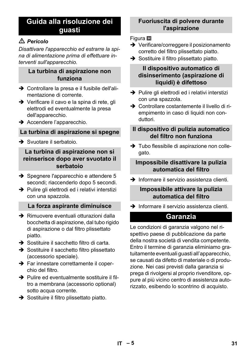 Guida alla risoluzione dei guasti, La turbina di aspirazione non funziona, La turbina di aspirazione si spegne | La forza aspirante diminuisce, Fuoriuscita di polvere durante l'aspirazione, Garanzia | Karcher NT 35-1 Tact Te User Manual | Page 31 / 192