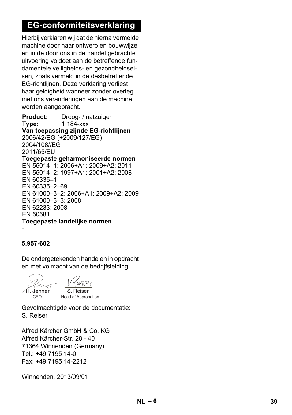 Eg-conformiteitsverklaring | Karcher NT 35-1 Tact Te User Manual | Page 39 / 192