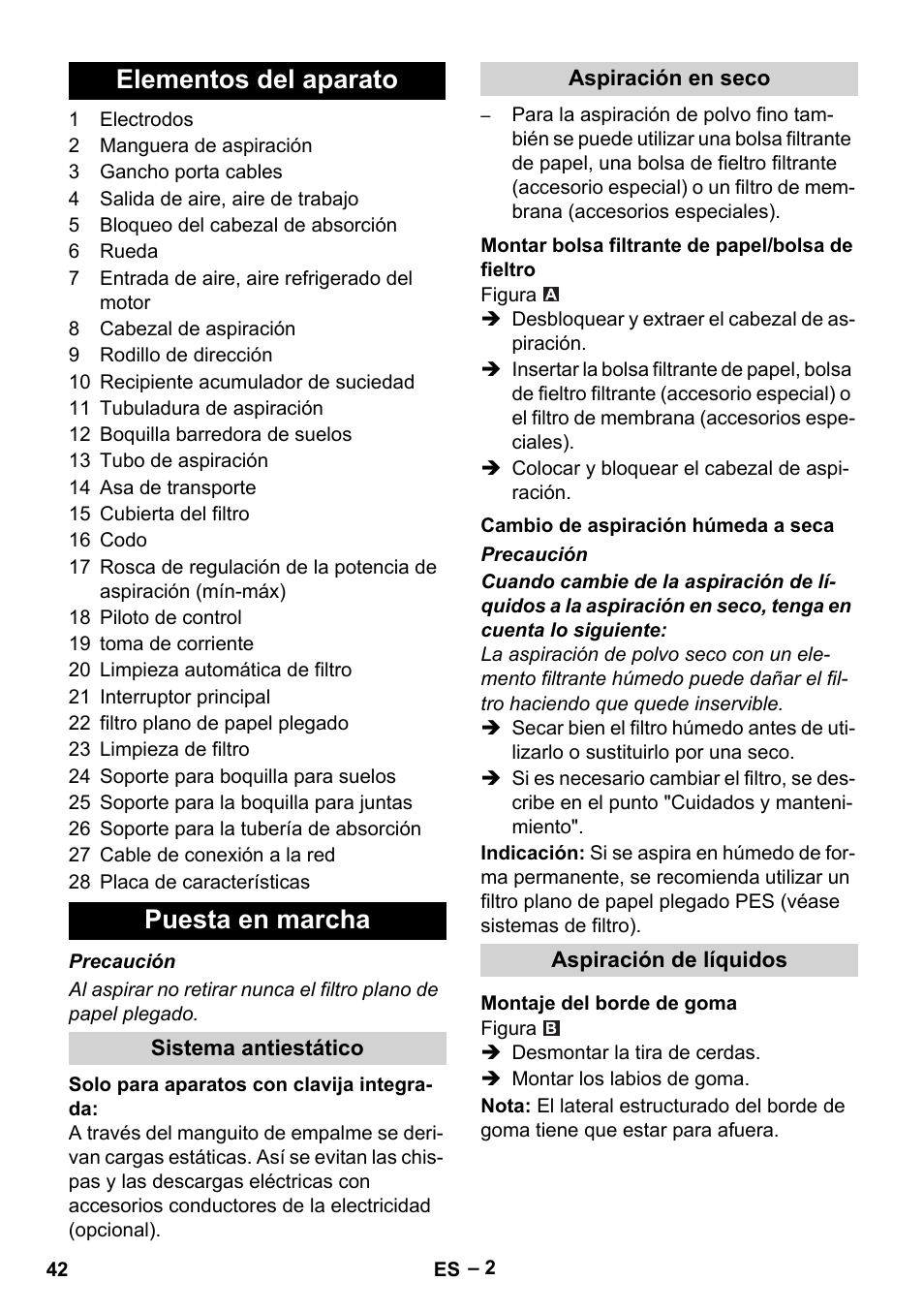 Elementos del aparato, Puesta en marcha, Sistema antiestático | Aspiración en seco, Montar bolsa filtrante de papel/bolsa de fieltro, Cambio de aspiración húmeda a seca, Aspiración de líquidos, Montaje del borde de goma, Elementos del aparato puesta en marcha | Karcher NT 35-1 Tact Te User Manual | Page 42 / 192