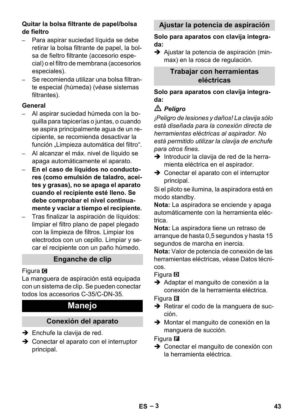 General, Enganche de clip, Manejo | Conexión del aparato, Ajustar la potencia de aspiración, Trabajar con herramientas eléctricas | Karcher NT 35-1 Tact Te User Manual | Page 43 / 192