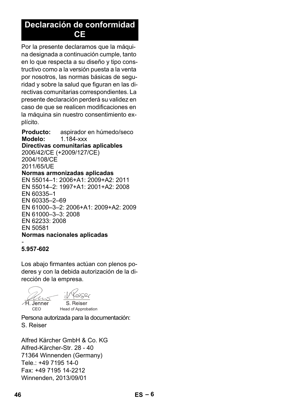 Declaración de conformidad ce | Karcher NT 35-1 Tact Te User Manual | Page 46 / 192