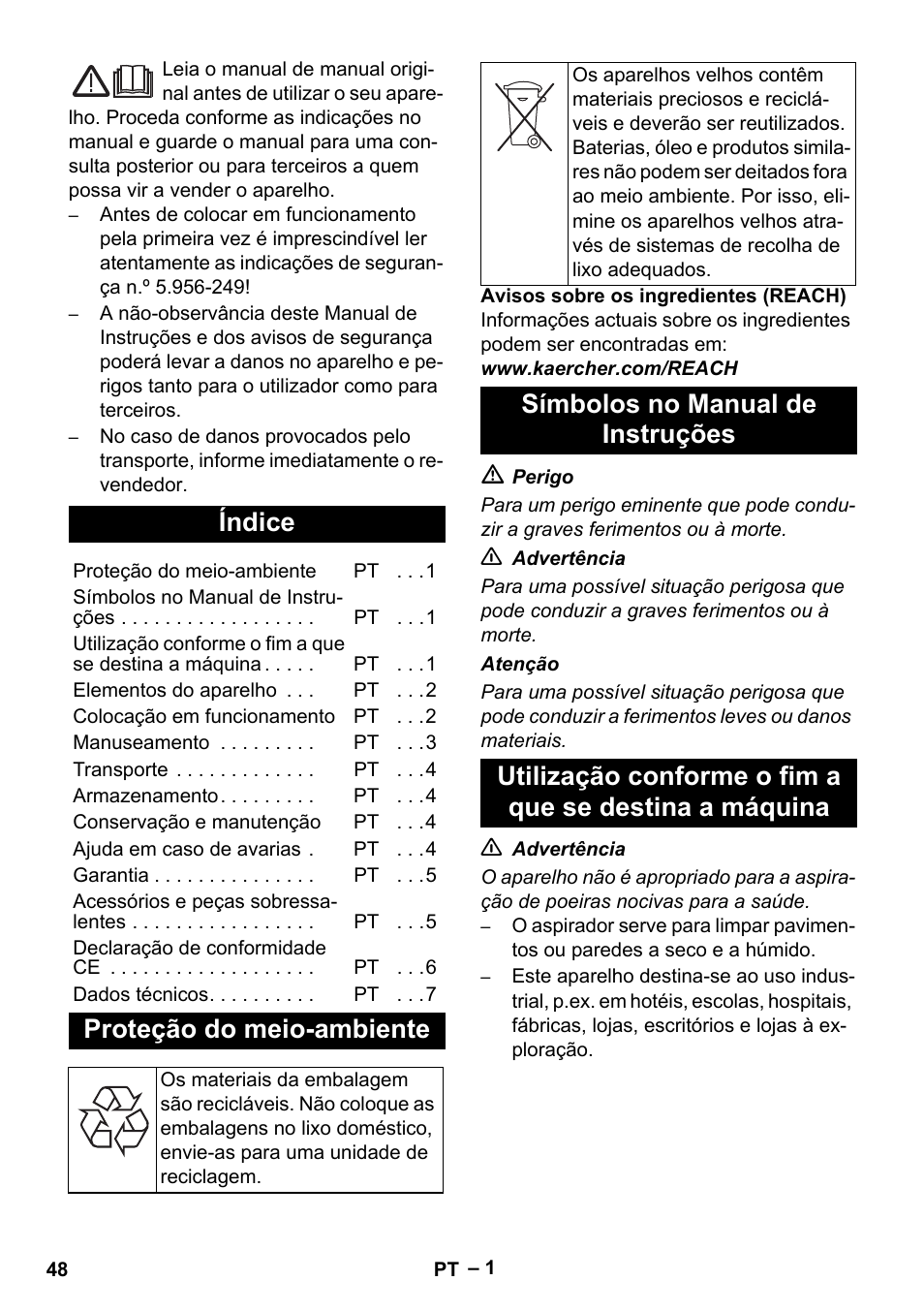 Português, Índice, Proteção do meio-ambiente | Símbolos no manual de instruções | Karcher NT 35-1 Tact Te User Manual | Page 48 / 192