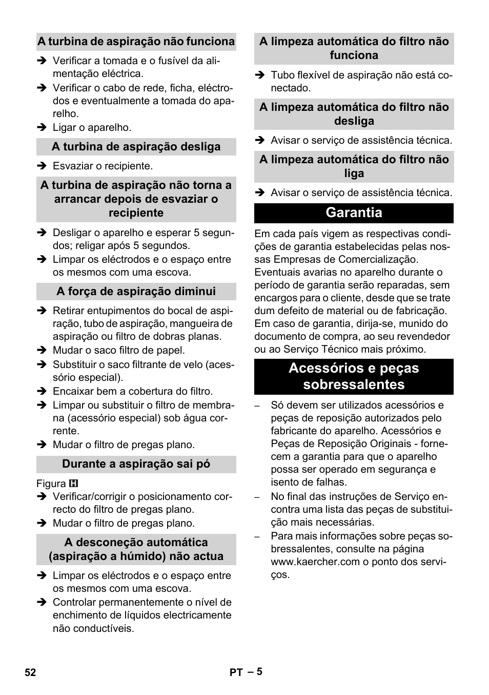 A turbina de aspiração não funciona, A turbina de aspiração desliga, A força de aspiração diminui | Durante a aspiração sai pó, A limpeza automática do filtro não funciona, A limpeza automática do filtro não desliga, A limpeza automática do filtro não liga, Garantia, Acessórios e peças sobressalentes, Garantia acessórios e peças sobressalentes | Karcher NT 35-1 Tact Te User Manual | Page 52 / 192