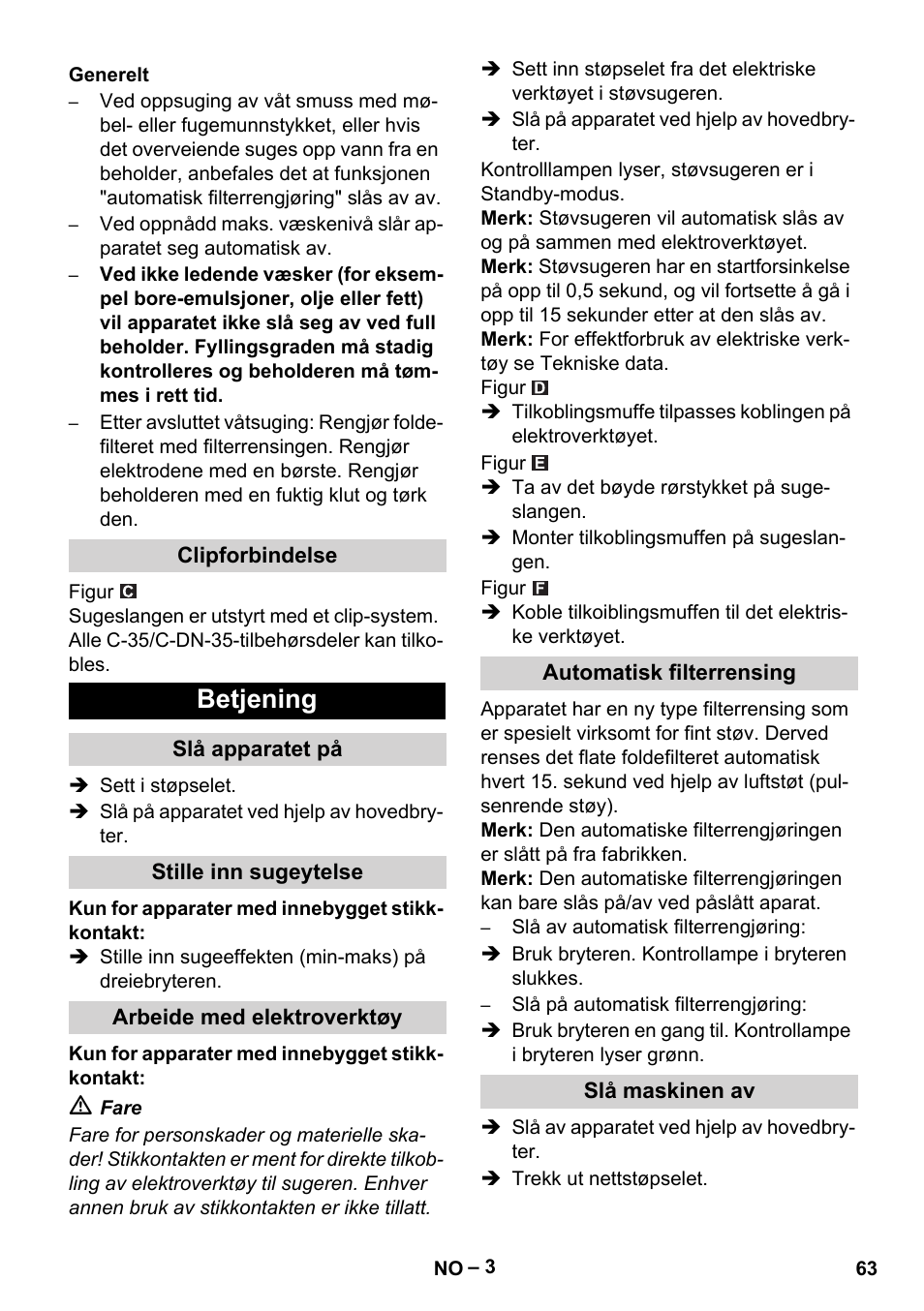 Generelt, Clipforbindelse, Betjening | Slå apparatet på, Stille inn sugeytelse, Arbeide med elektroverktøy, Automatisk filterrensing, Slå maskinen av | Karcher NT 35-1 Tact Te User Manual | Page 63 / 192