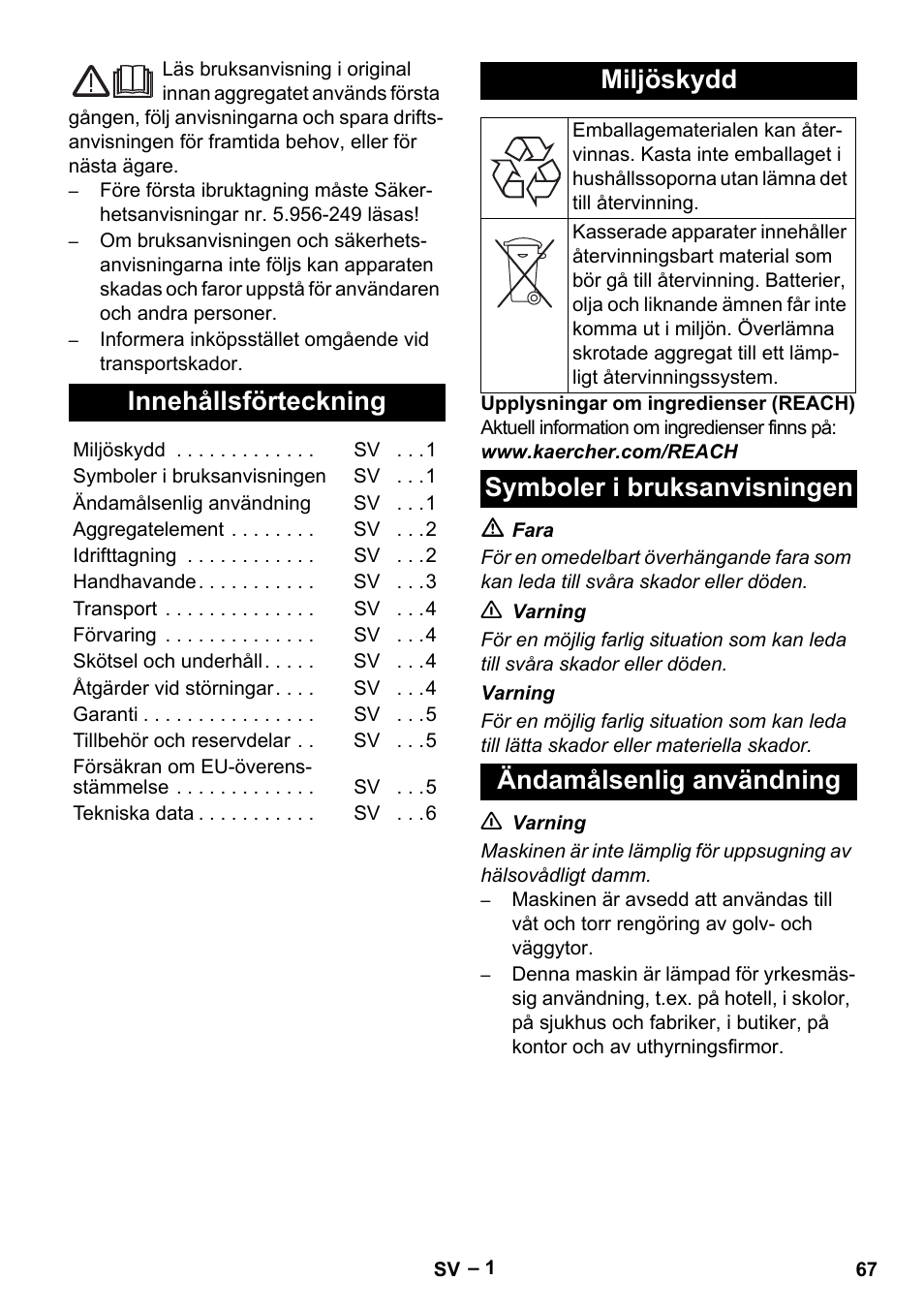 Svenska, Innehållsförteckning, Miljöskydd | Symboler i bruksanvisningen, Ändamålsenlig användning | Karcher NT 35-1 Tact Te User Manual | Page 67 / 192