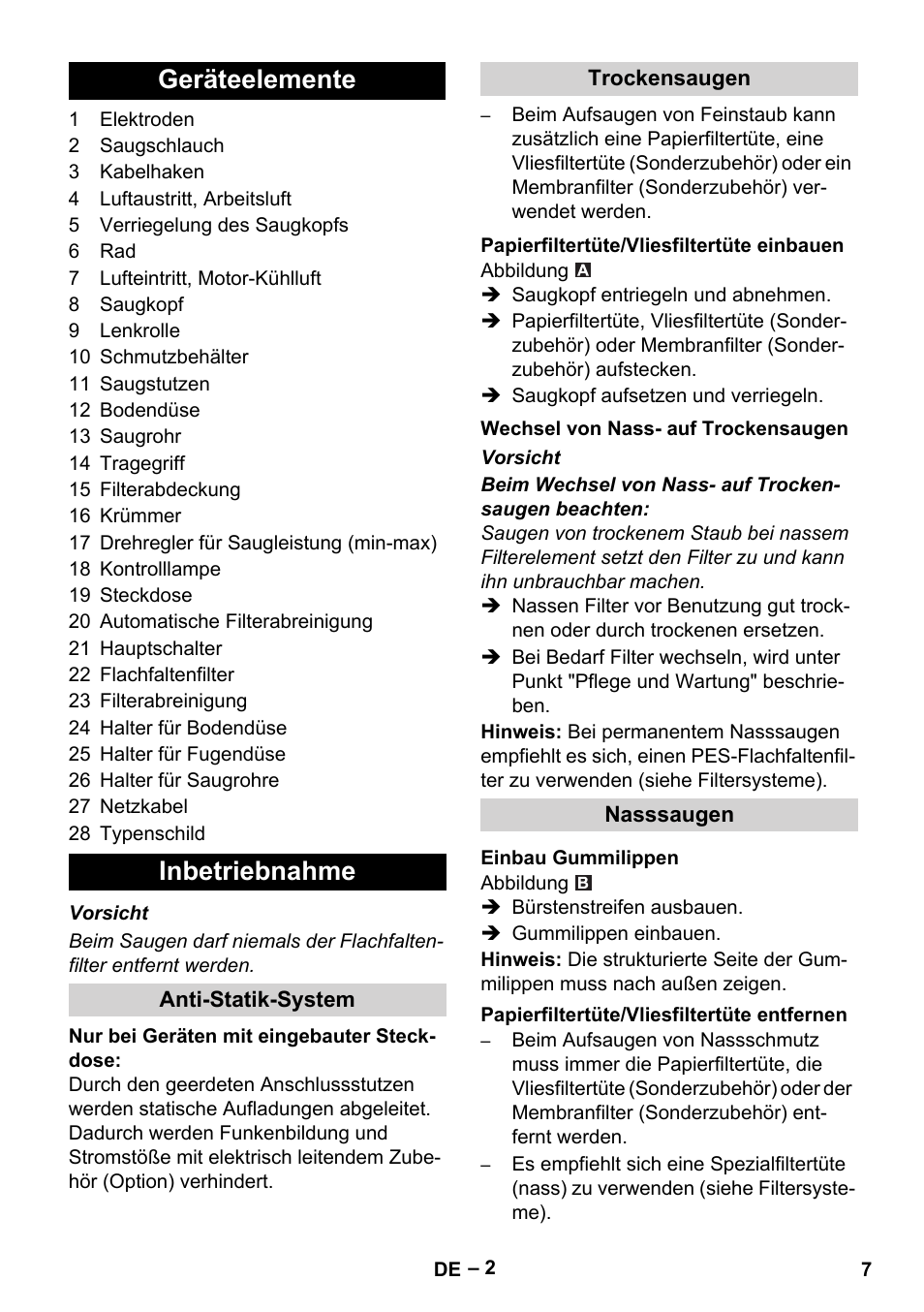 Geräteelemente, Inbetriebnahme, Anti-statik-system | Trockensaugen, Papierfiltertüte/vliesfiltertüte einbauen, Wechsel von nass- auf trockensaugen, Nasssaugen, Einbau gummilippen, Papierfiltertüte/vliesfiltertüte entfernen, Geräteelemente inbetriebnahme | Karcher NT 35-1 Tact Te User Manual | Page 7 / 192