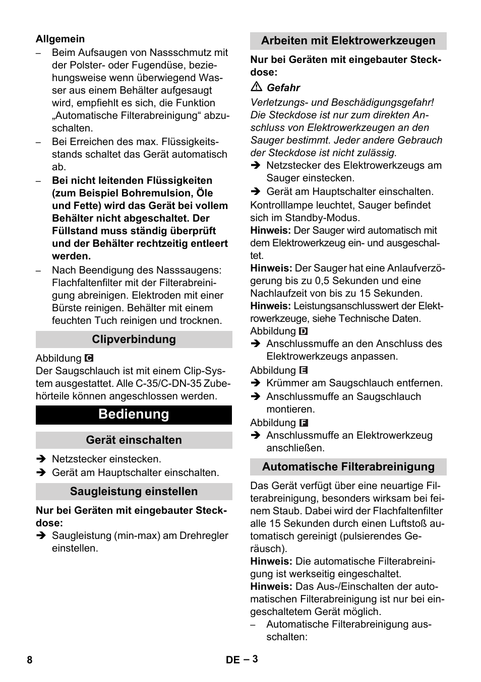 Allgemein, Clipverbindung, Bedienung | Gerät einschalten, Saugleistung einstellen, Arbeiten mit elektrowerkzeugen, Automatische filterabreinigung | Karcher NT 35-1 Tact Te User Manual | Page 8 / 192