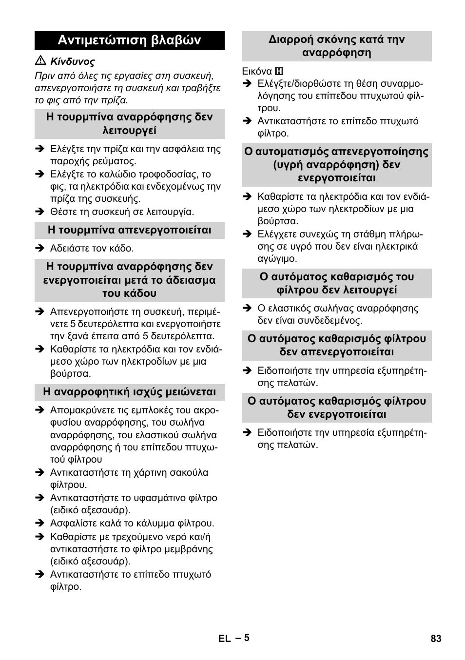 Αντιμετώπιση βλαβών, Η τουρμπίνα αναρρόφησης δεν λειτουργεί, Η τουρμπίνα απενεργοποιείται | Η αναρροφητική ισχύς μειώνεται, Διαρροή σκόνης κατά την αναρρόφηση, Ο αυτόματος καθαρισμός του φίλτρου δεν λειτουργεί, Ο αυτόματος καθαρισμός φίλτρου δεν ενεργοποιείται | Karcher NT 35-1 Tact Te User Manual | Page 83 / 192