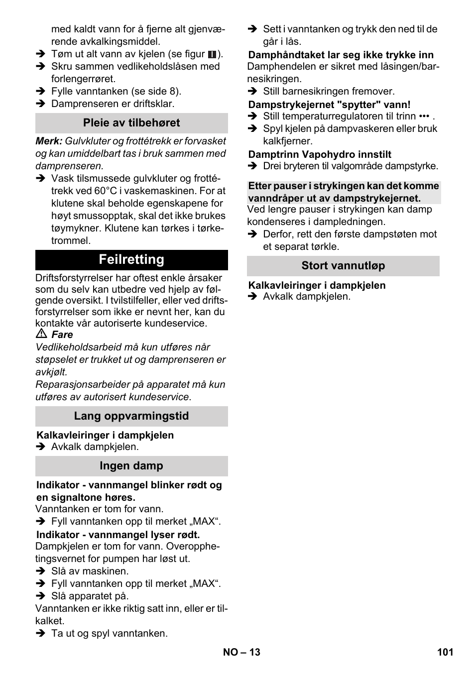 Feilretting | Karcher SC 5-800 C EU User Manual | Page 101 / 314