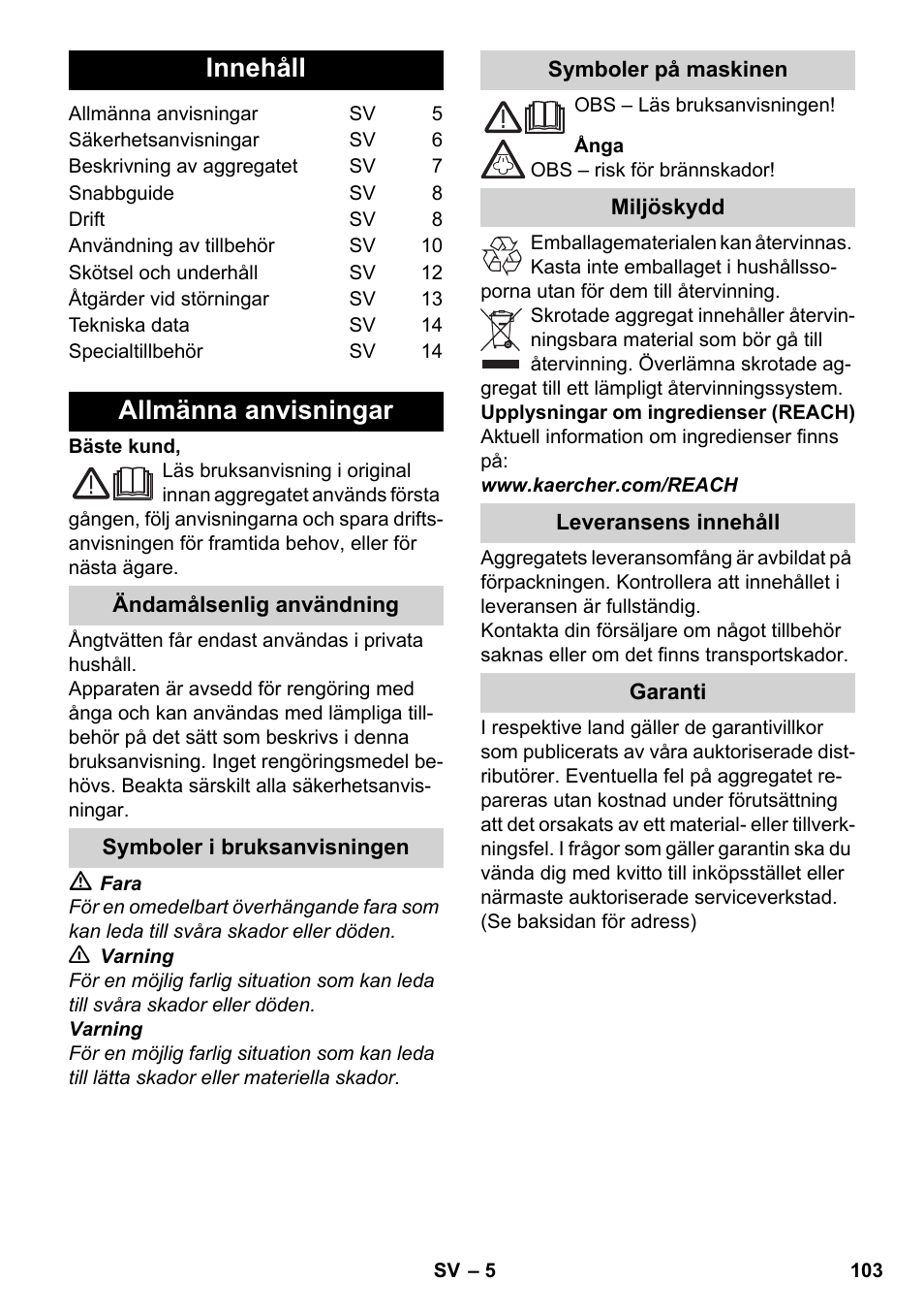 Svenska, Innehåll, Allmänna anvisningar | Karcher SC 5-800 C EU User Manual | Page 103 / 314