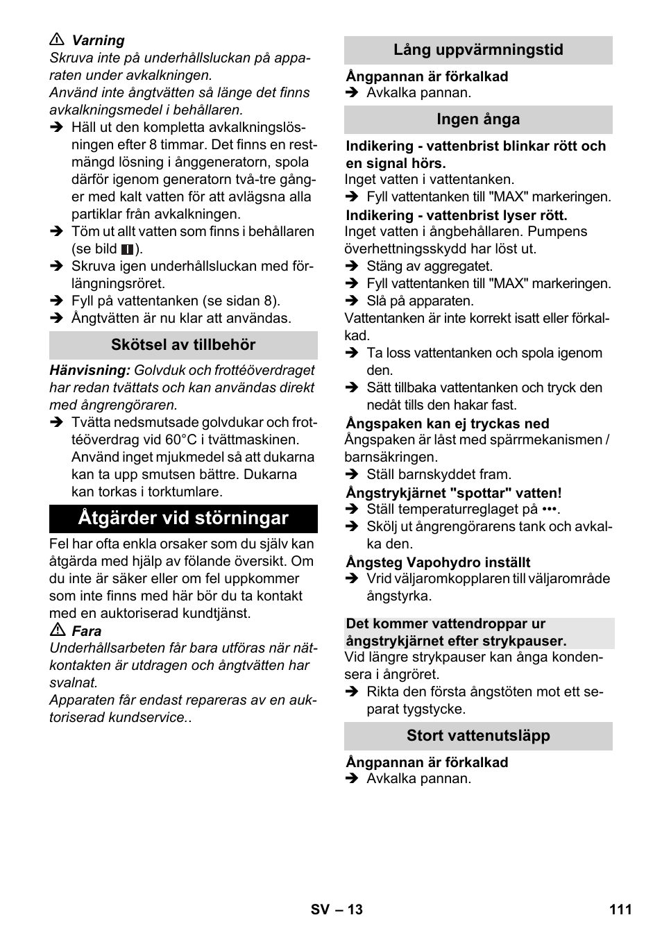 Åtgärder vid störningar | Karcher SC 5-800 C EU User Manual | Page 111 / 314