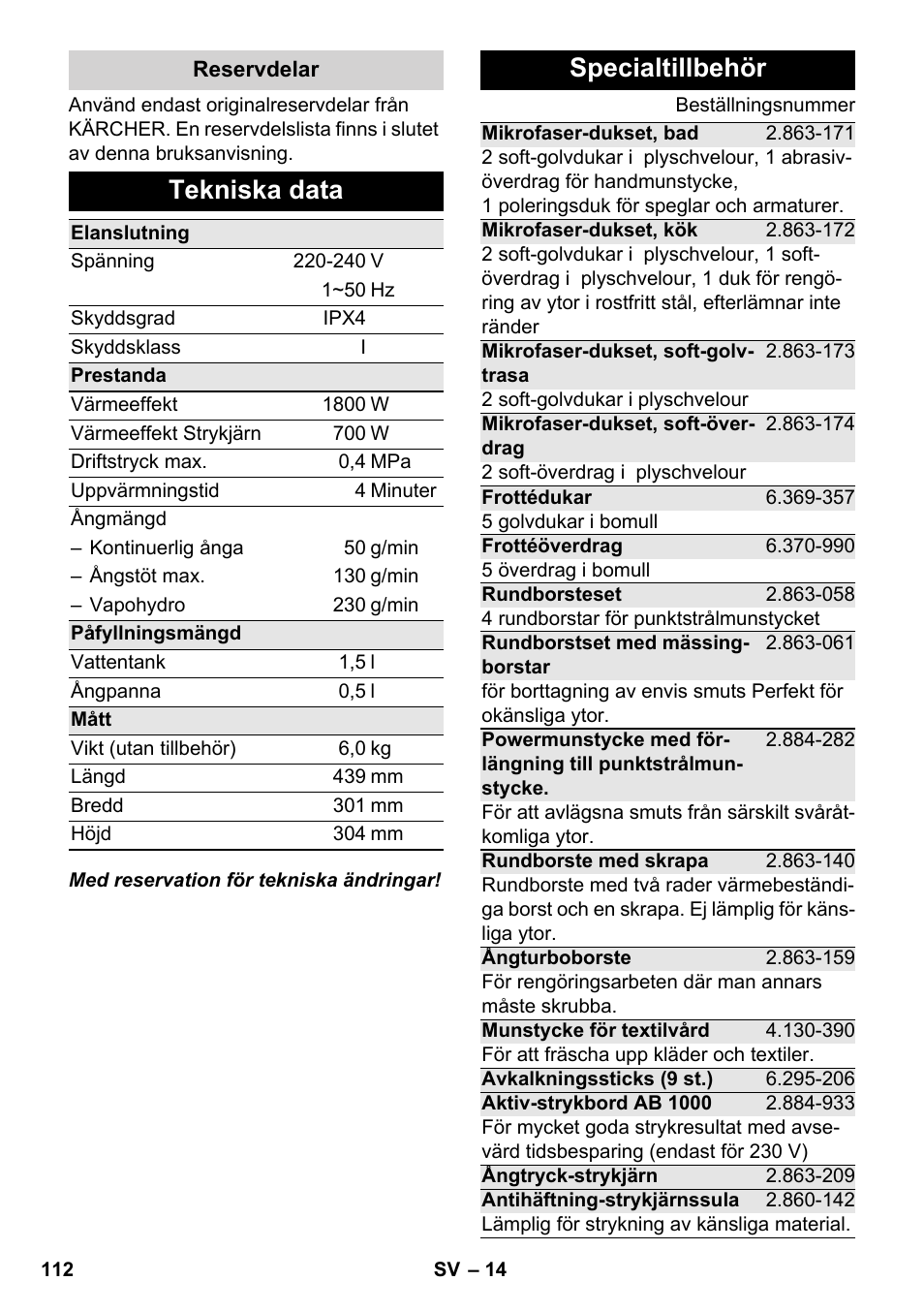 Tekniska data, Specialtillbehör | Karcher SC 5-800 C EU User Manual | Page 112 / 314