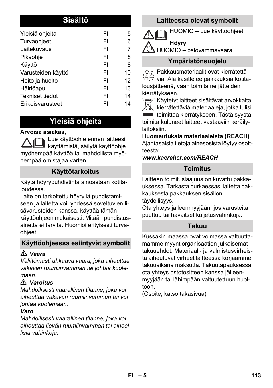 Suomi, Sisältö, Yleisiä ohjeita | Karcher SC 5-800 C EU User Manual | Page 113 / 314