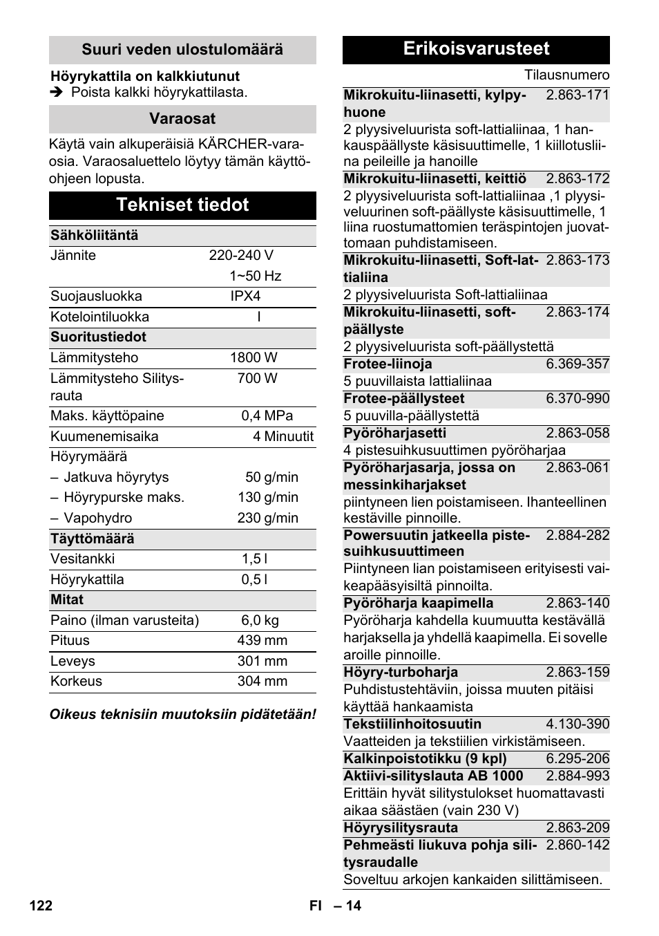 Tekniset tiedot, Erikoisvarusteet | Karcher SC 5-800 C EU User Manual | Page 122 / 314