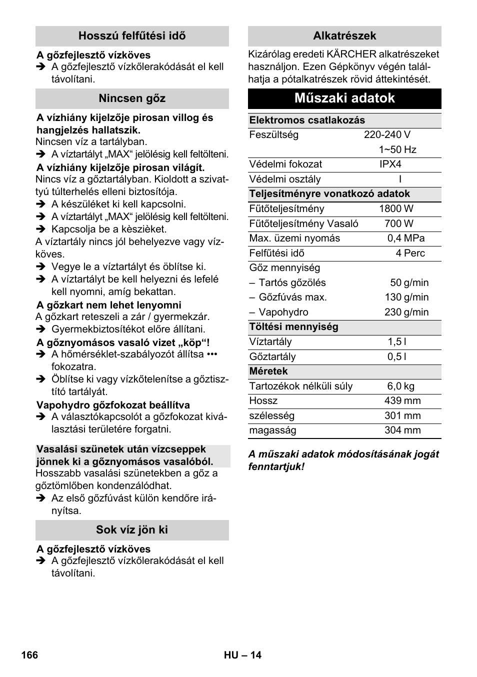 Műszaki adatok | Karcher SC 5-800 C EU User Manual | Page 166 / 314