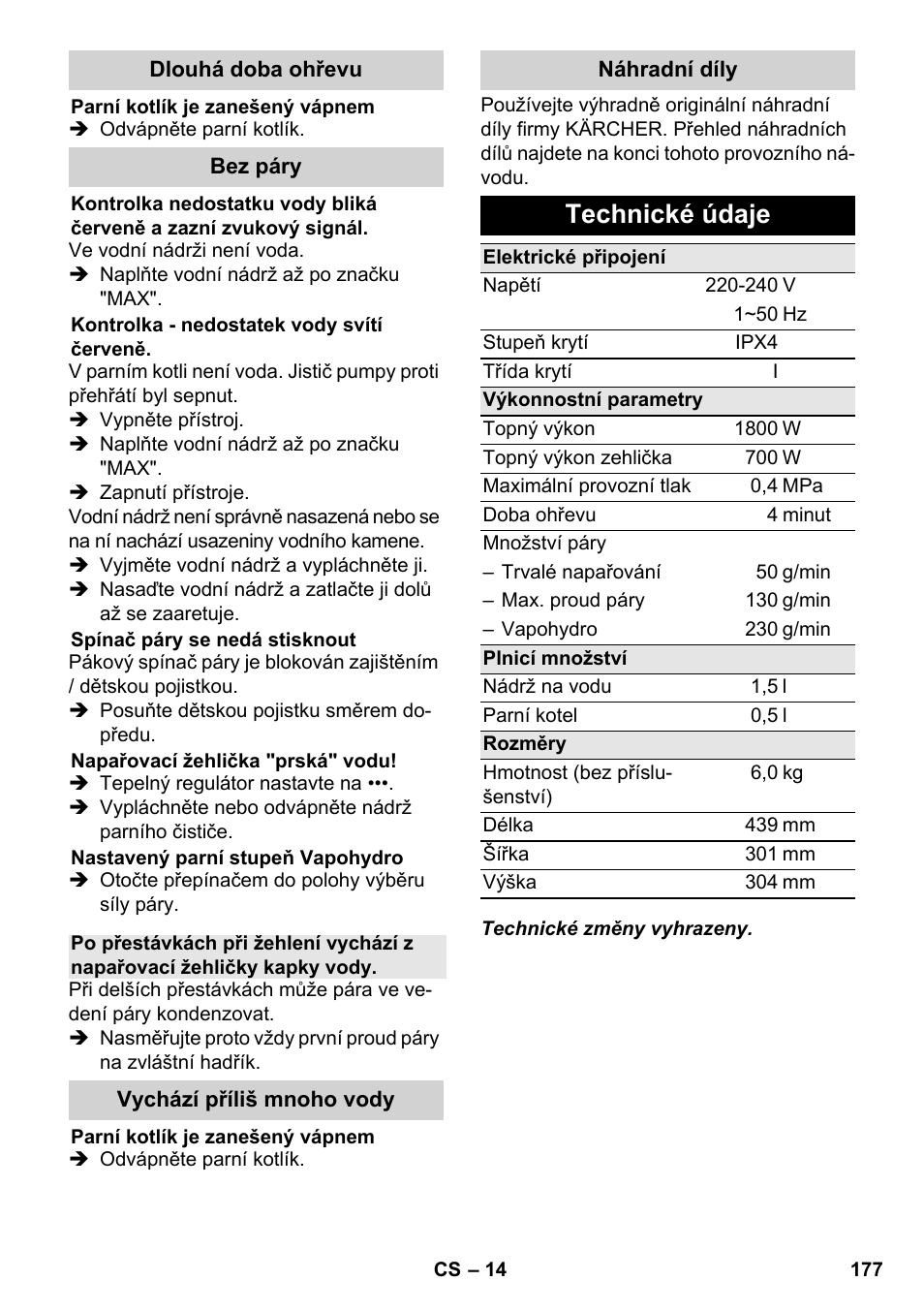 Technické údaje | Karcher SC 5-800 C EU User Manual | Page 177 / 314