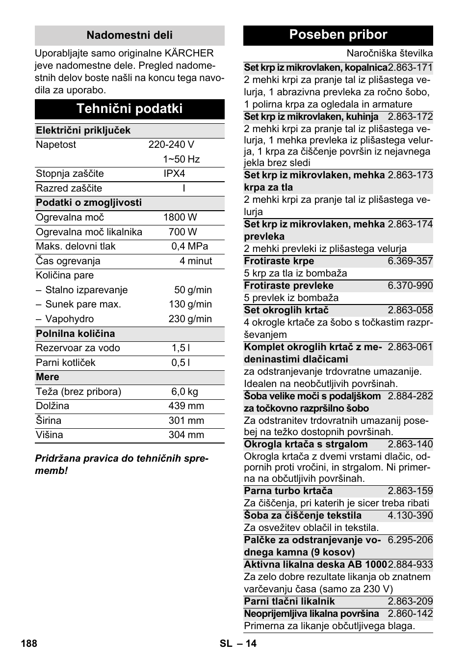 Tehnični podatki, Poseben pribor | Karcher SC 5-800 C EU User Manual | Page 188 / 314