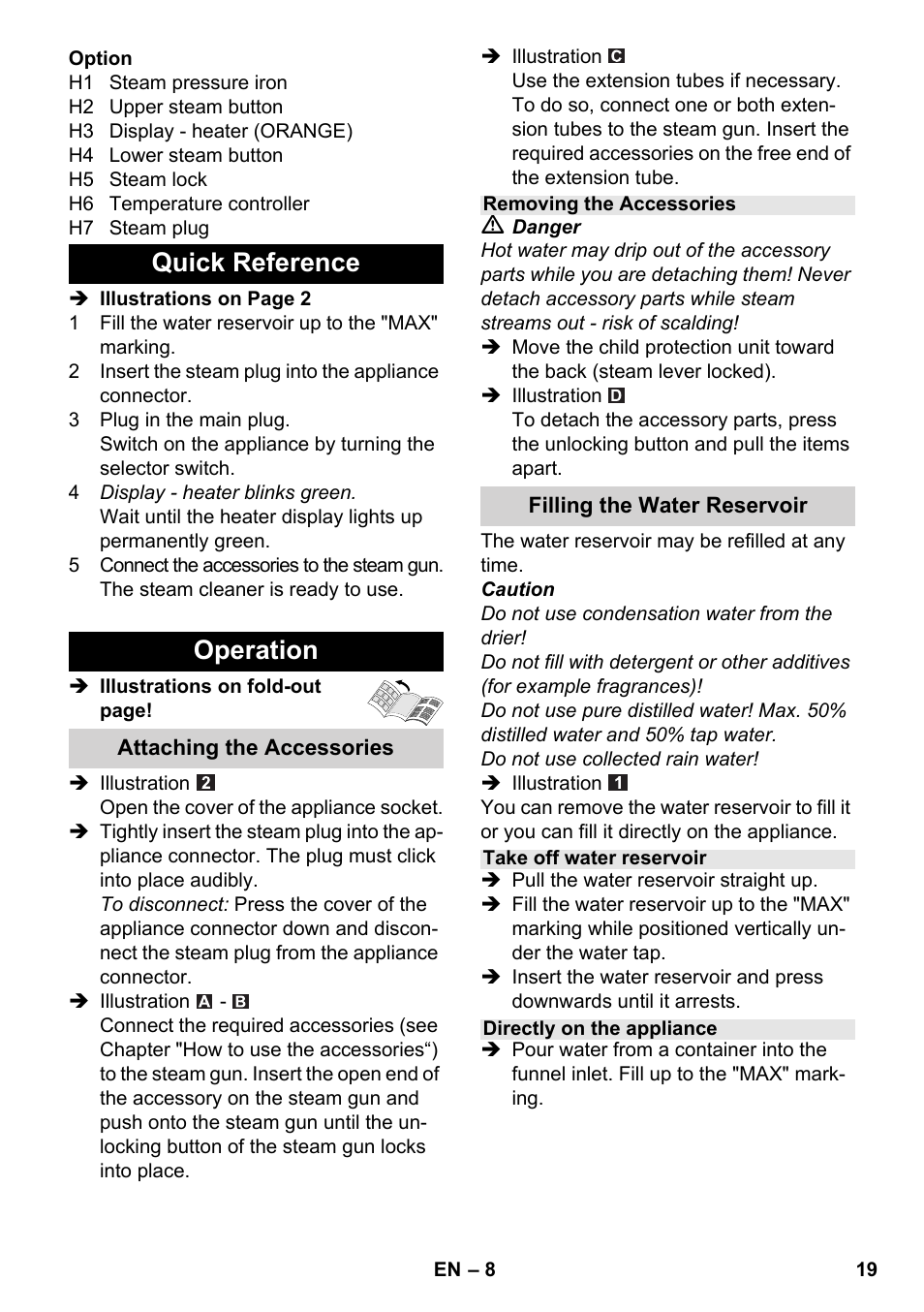 Quick reference operation | Karcher SC 5-800 C EU User Manual | Page 19 / 314