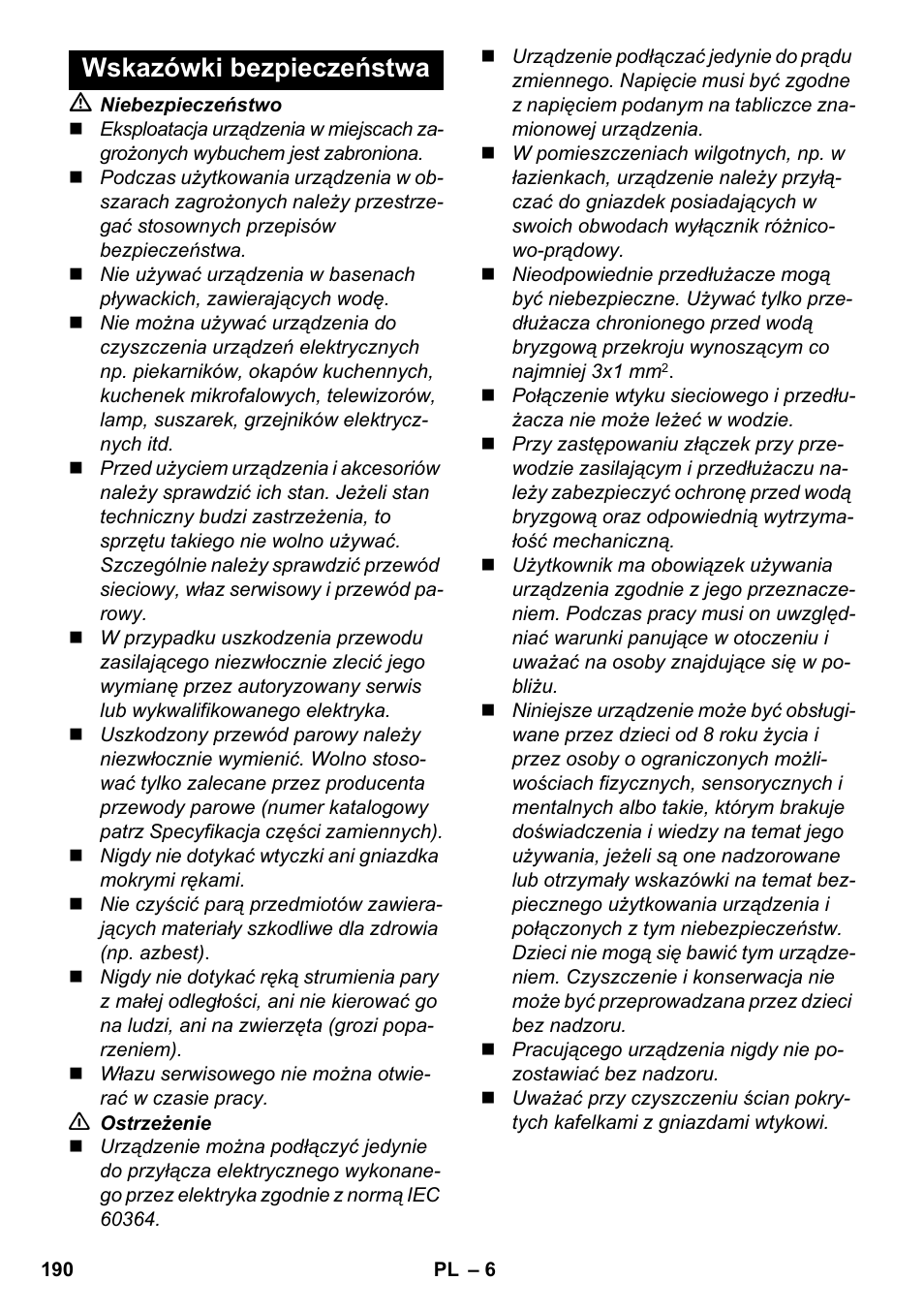 Wskazówki bezpieczeństwa | Karcher SC 5-800 C EU User Manual | Page 190 / 314