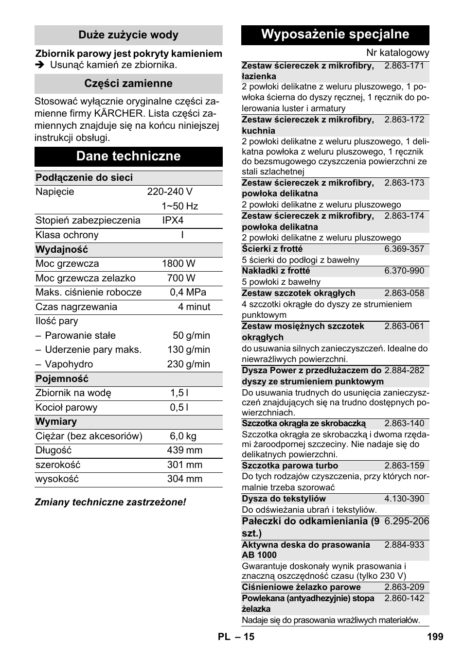Dane techniczne, Wyposażenie specjalne | Karcher SC 5-800 C EU User Manual | Page 199 / 314
