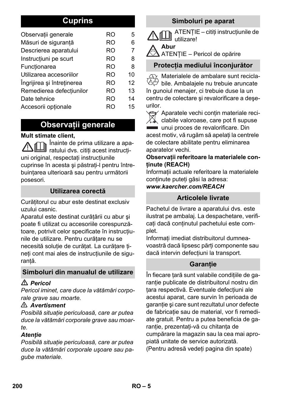 Româneşte, Românete, Cuprins | Observaţii generale | Karcher SC 5-800 C EU User Manual | Page 200 / 314