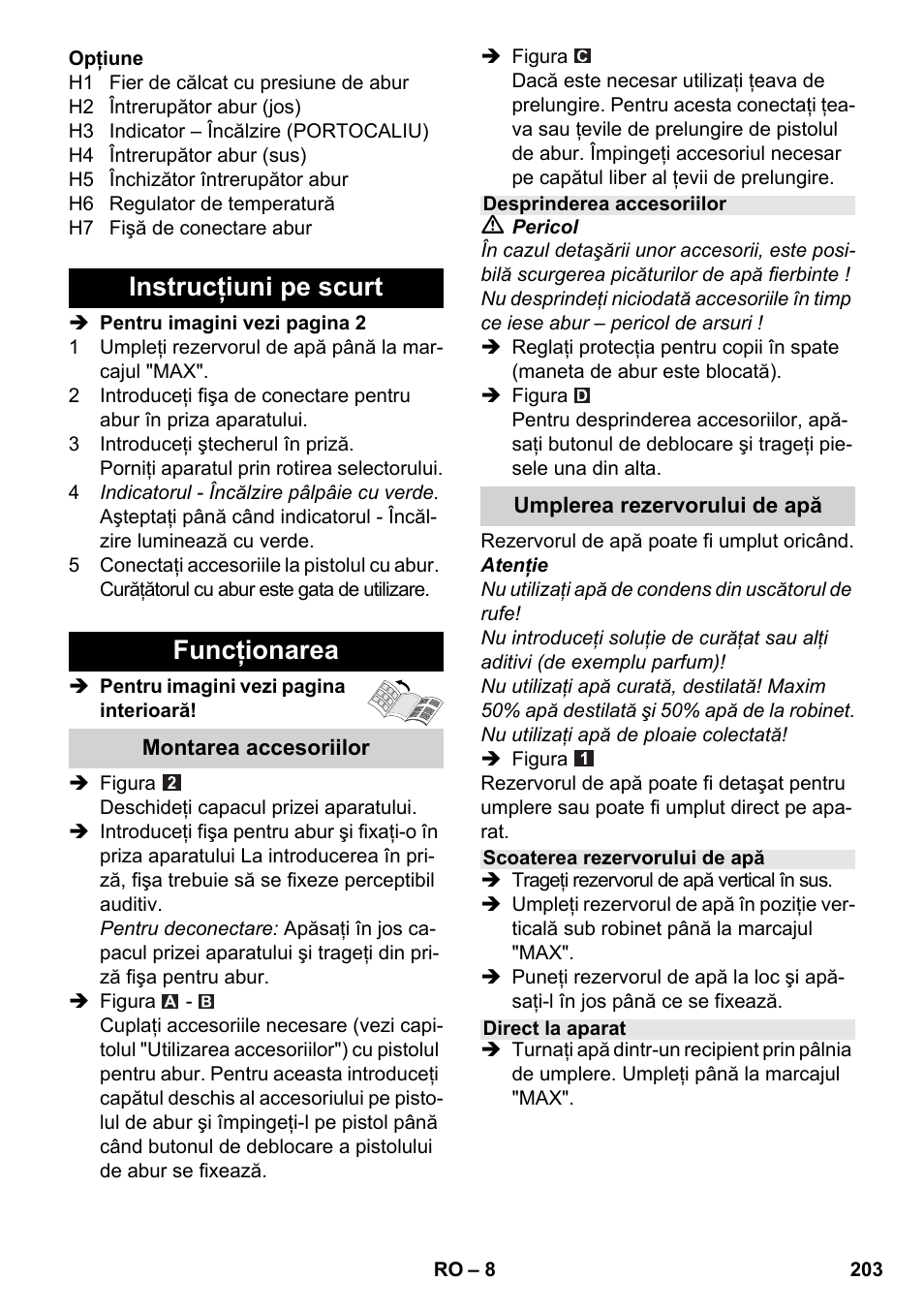 Instrucţiuni pe scurt funcţionarea | Karcher SC 5-800 C EU User Manual | Page 203 / 314