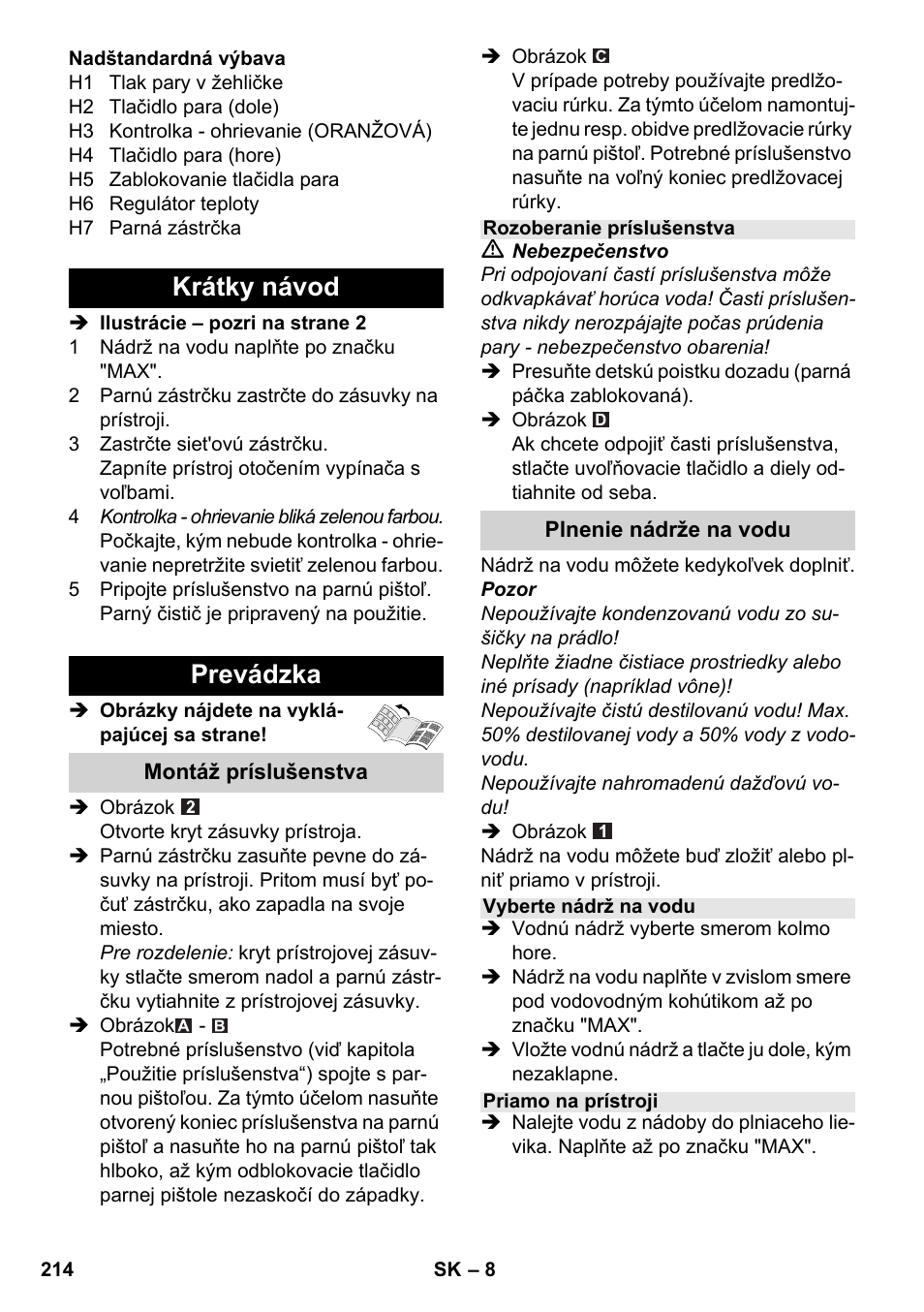 Krátky návod prevádzka | Karcher SC 5-800 C EU User Manual | Page 214 / 314