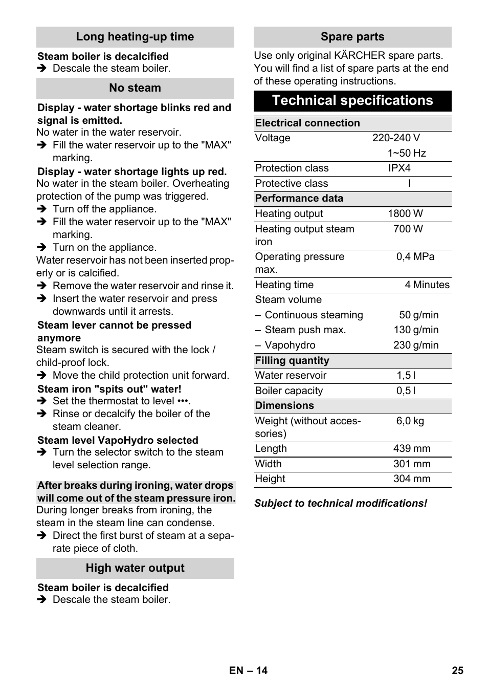 Technical specifications | Karcher SC 5-800 C EU User Manual | Page 25 / 314